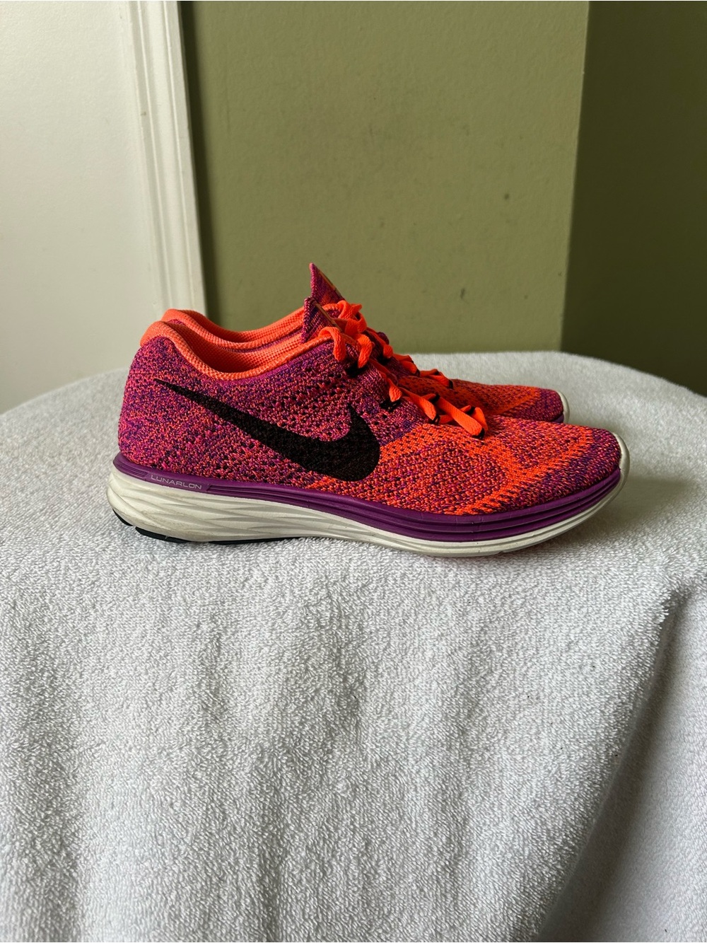 Nike Flyknit Lunar 3 Women's Orange-Purple Running Shoes with Black Swoosh